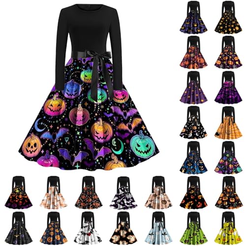 halloween costumes for women Halloween Costumes Party Dresses for Women UK 1950s Vintage Cocktail Party Evening Dress Fashion Long Sleeve Halloween Printed Cute Casual Vintage Womens 50s Dresses