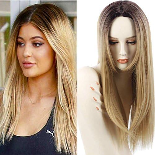 Synthetic Ombre Wigs for Women Girl, Beshiny Two Tone Black Roots Natural Long Straight Heat Resistant Synthetic Hair Wigs with Wig Cap