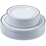 Disposable Plastic Plates - 60 Pack - 10.25" Dinner and 7.5" Salad Combo - Silver Trim Real China Design - Premium Heavy Duty - By Aya's Cutlery Kingdom