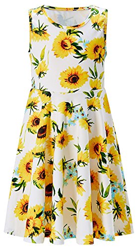 Leapparel Girl's White Yellow Sun Flower Sleeveless Cotton Casual Dress Girls 9T L