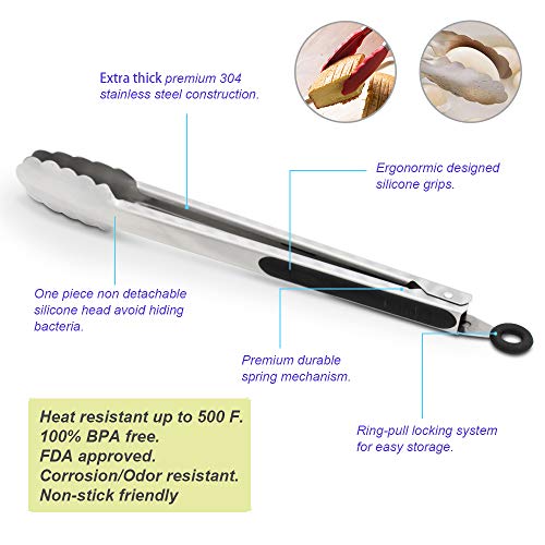 ALLWIN-HOUSEWARE W 9-Inch & 12-Inch 304 Stainless Steel Kitchen Tongs, Set of 2 Sturdy Non-Stick Grilling Barbeque Cooking Brushed Steel Locking Food Tongs with Ergonomic Grip, Black - Thumbnail 3