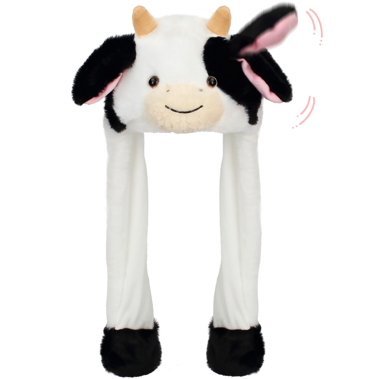 Deletoys Animal Plush Hat with Moving Jumping Ears Pop Up Beating Hat Plush Cosplay Dress Up Funny Gift for Kids Adult (Cow)