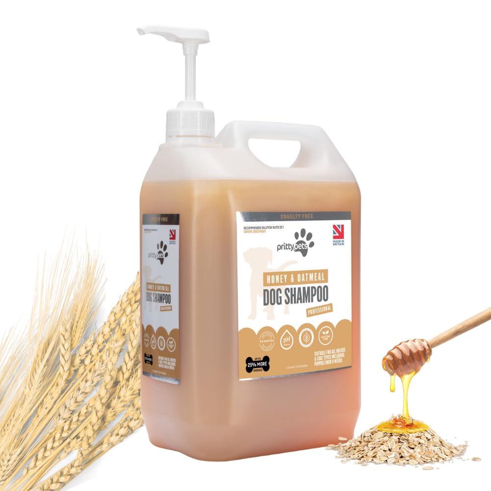 Oatmeal Dog Shampoo PRITTY PETS 5 LITRE Oatmeal Shampoo for Dogs - Professional PH Balanced, Cruelty Free, Silicone & Paraban Free, Puppy Friendly Dog Grooming Shampoo - Made in the UK (5L with Pump)