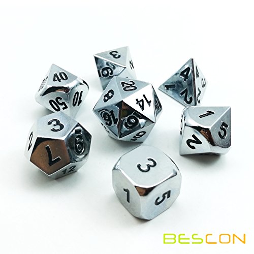 BESCON DICE Bescon Super Shiny Gloss Silver Metal 7pcs Polyhedral Dice Set, Chrome Metal RPG Game Dice 7pcs Set