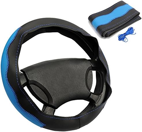 AUTOYOUTH Sewing Car Steering Wheel Cover Genuine Cowhide Leather with DIY Needle/Thread Kit - Blue/Black, Size M