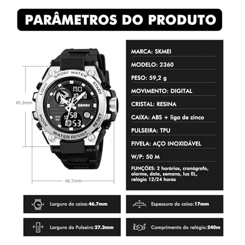 Relógios Digitais Militares Masculinos Quartzo Esportivo À Prova D'água Relógios de Mostrador Grande com Alarme Fuso Horário Duplo Visor Luminoso