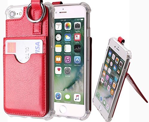 iPhone 7 Plus Wallet Case,[Pocket Ring Bumper] Credit Card Case [Kick Stand] Protective Hybrid Case [Key Ring Holder] with 3 Cards Slot Wallet for iPhone 7 Plus (Red)