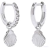 925 Sterling Scallop Shell Hoop Earrings Cubic Zirconia Huggies Dangle Earrings For Women | Minimalist, Delicate Jewelry Gift For Her