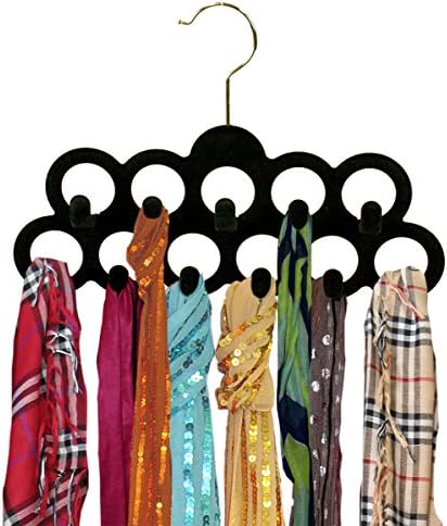 Black Velvet Scarf Necktie Closet Hanger 11 Rings With Hooks 3-Pack