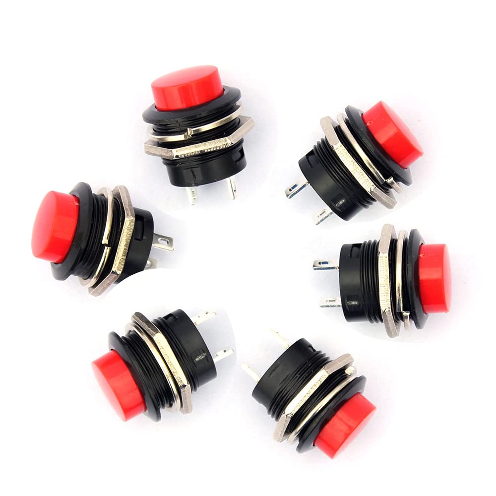 6Pcs Mini Push Button Switch - 16mm Momentary SPST (NO) 2-Pin - 6A/125V 3A/250V - Red