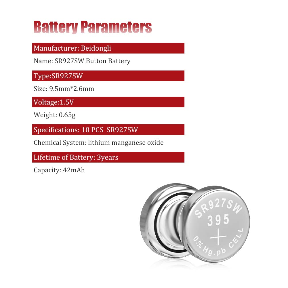 Beidongli SR927sw 1.5V Button Battery 395 AG7 for Watch and Cell Battery Pack of 20【3-Year Warranty】