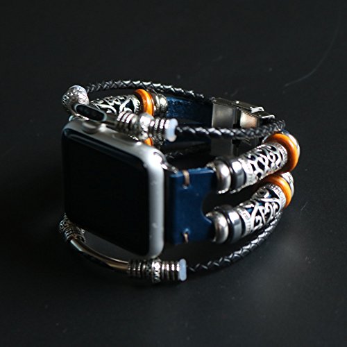 Buyeverything for Apple Watch 44mm Bands - Vintage Braided Classic Leather Bracelets Replacement Band Adjustbable Wristband Straps Accessories for Apple Watch Series 4 44mm Women Men (Blue) - Thumbnail 6