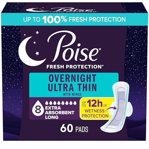 Photo 1 of Poise Overnight Ultra Thin Incontinence & Postpartum Pads with Wings for Bladder Leaks, 8 Drop Extra Absorbent, Long Length, 60 Count (3 Packs of 20)