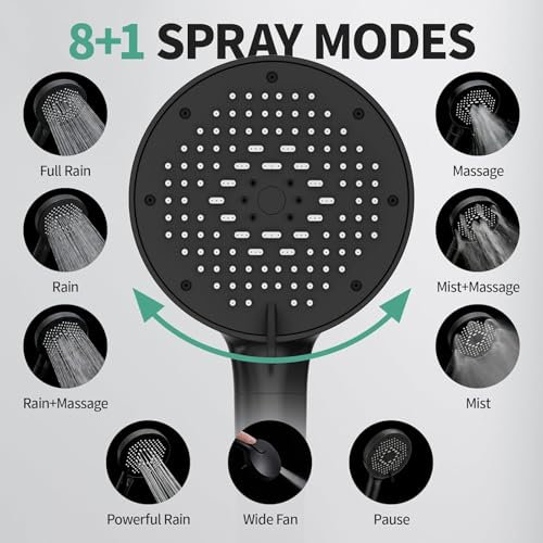 12 Inch Wide Rain Shower Head with Filtered Handheld Combo, High Pressure Rainfall Shower Head, 9 Spray Modes Handheld with 9-Inch Extension Arm, Comes with Filter Removes Chlorine(Black)