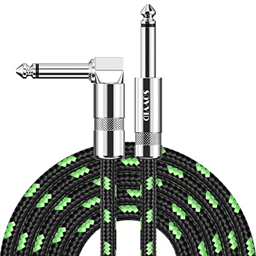 Sovvid Guitar Cable 20FT Instrument Cord for Electric Bass Keyboard - 1/4 Inch Right Angle AMP Cable - Black Green