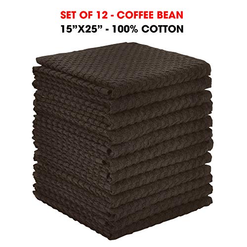Talvania Brown Kitchen Towels, 100% Cotton Dobby Weave Terry Towel Set, 12 Dark Brown Absorbent Multipurpose Dish Cloth, Hand Towel and All Kitchen Cleaning 15" X 25" Machine Washable (Coffee Bean)