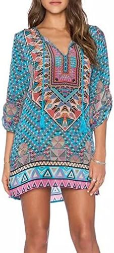 Women Bohemian Neck Tie Vintage Printed Ethnic Style Summer Shift Dress (L, Pattern27)