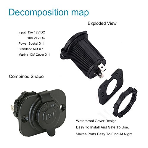 FENGWANGLI Cigarette Lighter Socket Car Marine Motorcycle ATV RV Lighter Socket Power Outlet Socket Receptacle 12V DC Flush Mount with Wire Waterproof Plug - Thumbnail 4