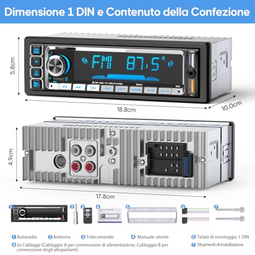 RDS Bluetooth 5.0 Handsfree Car Radio, Wistrue Car Stereo Bluetooth FM/AM Car Stereo 1 Din for Car, Support Handsfree 2USB/AUX/SD/TF/iOS Android