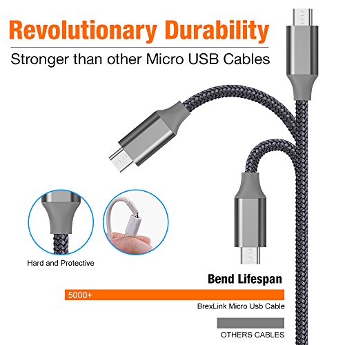 Micro USB Cable Android, BrexLink Micro USB to USB 2.0 Cable (2-Pack,6.6Ft) Nylon Braided Sync and Fast Charging Cable for Samsung, Kindle, Android Smartphones, Galaxy S7 Edge, Moto G5, PS4 (Grey)