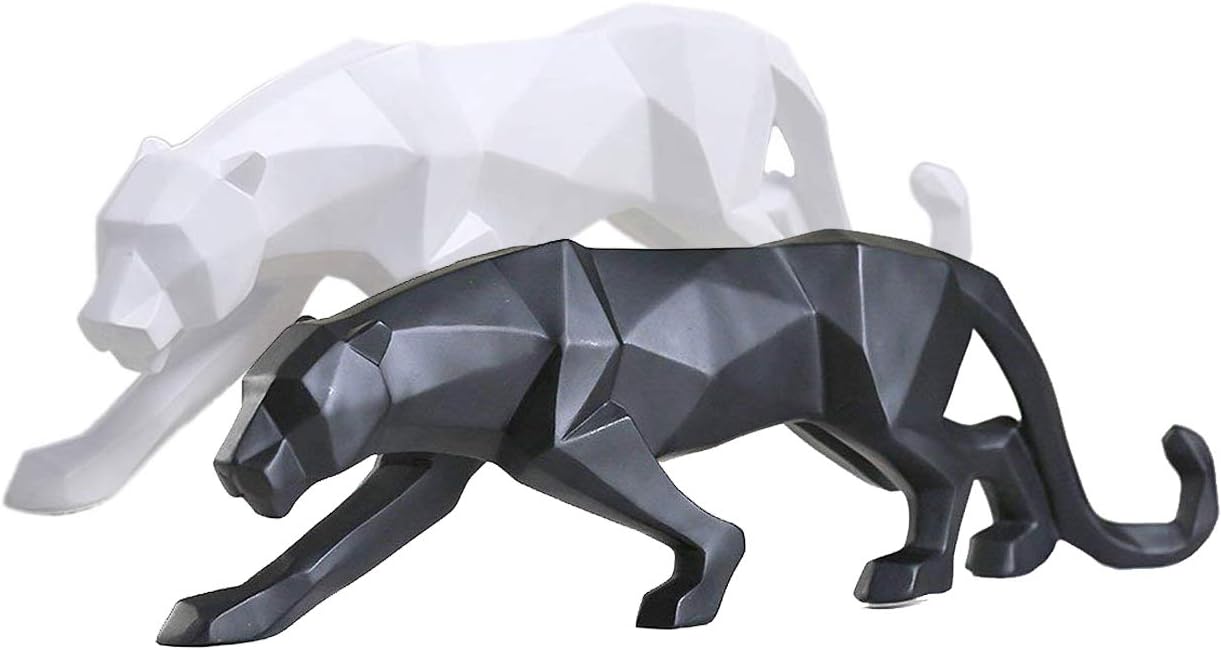 FJWYSANGU Abstract Leopard Statues Panther Sculpture Hand Craved Animal Resin Modern Home Decoration Big Black and White