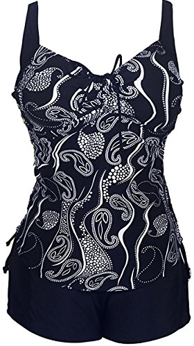 Womens Two-Piece Pin Up Swimwear Boy Short Bottom Printed Swimsuits Tankini,Navy Paisley,US 12-14