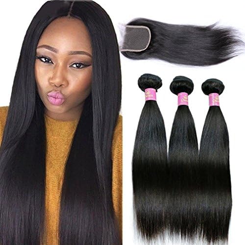Goldfinch Hair Brazilian Virgin Straight Hair Weave 3 Bundles with 1 Piece Closure 100% Unprocessed Human Hair Extensions With Brazilian Lace Closure(16" 18" 20" weft + 14"closure)