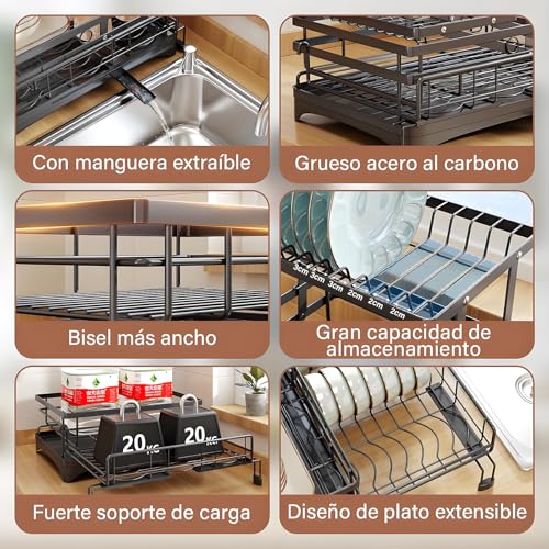 GALASALA Escurridor de Trastes, Extensible 2 Niveles Escurridor de trastes Acero Inoxidable, escurridor de Platos con Bandeja de Goteo sobre Fregadero para Encimera de Cocina