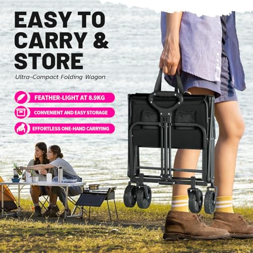 Yoawllty Trolley Cart,Collapsible Folding Wagon with All Terrain Wheels and Drink Holders,Portable Large Wagon for Camping,Shopping,Garden and Beach,Grass,Sand,Fishing(Black)