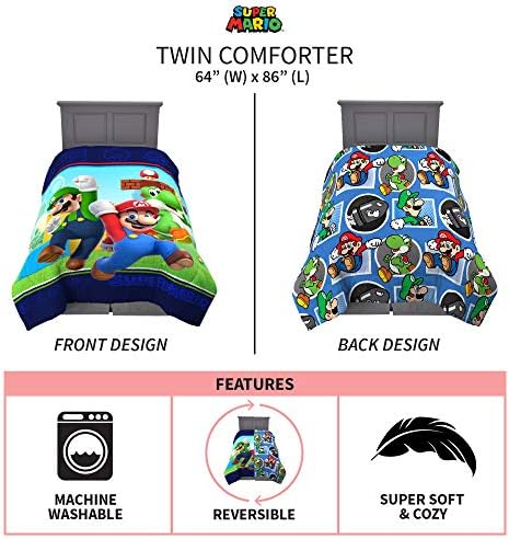 Super Mario-themed comforter with vibrant design featuring various characters and elements from the game.