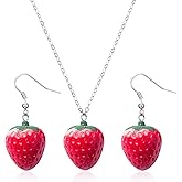 MarveBard Strawberry Necklace Earring Set for Women Cute Red Strawberry Pendant Necklace 3D Acrylic Fruit Charm Drop Dangle Earring Christmas Birthday Party Jewelry