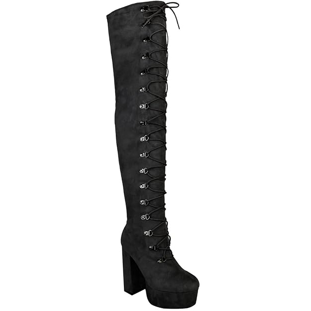 Damen Overknee-Stiefel mit hohem Absatz - hoher Schaft mit Schnür-Detail