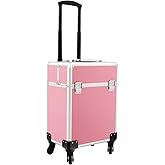 KHROOLT Rolling Makeup Train Case, Large Aluminum Alloy Cosmetic Trolley Case with Wheels & Retractable Handle, Lockable Storage for Makeup Artists, Lash Techs, Travel, Pink