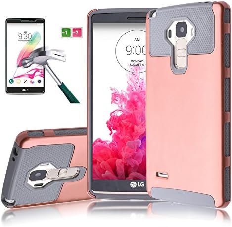 LS770 Case,LG G4 Note Case,AUU 2Layer Hybrid Silicon+Plastic Full Body Impact Resistant Armor Shockproof Cover Heavy Duty Skin For LG G4 Stylus G Stylo Rose Gold Gray+ Tempered Glass Screen Protector