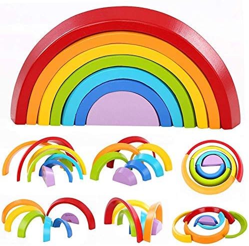 Pleasurable Toy - 7-Piece Wooden Rainbow Building Blocks for Adult Mental Healing,Geometry Stacking Learning Toy & Creative Nesting Educational Toys for Baby and Toddlers,Best Christmas Gift
