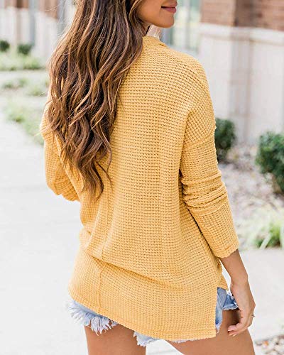 EFAN Women\'s Waffle Knit Fall Oversized Sweater V Neck Pullover Long Sleeve Loose Warm Shirt Tops with Pockets Yellow