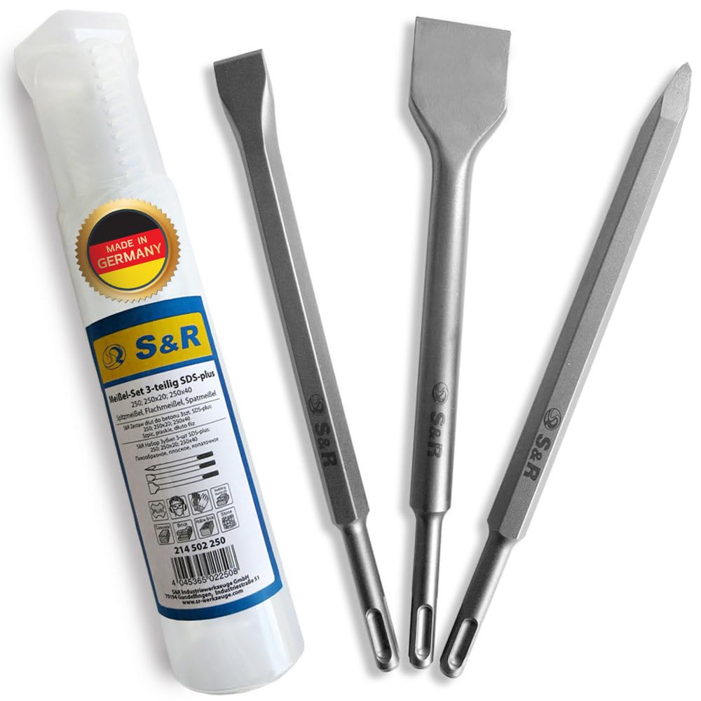 S&R 3-Piece SDS Plus Chisel Set – Spade, Flat, Point Chisel | 250 mm | Professional Quality | Made in Germany