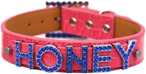 Yeahfits Pink PU Leather Adjustable Artificial Leather Crocodile Collars+26pcs Blue Rhinestone Letter DIY Personalized Name For Pets Dogs and Cats (12-14''Neck 3/4''Wide, Pink)