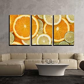 3 Piece Canvas Wall Art - Background Made from Sliced Orange, Lemon and Lime Citrus Fruits - Modern Home Art Stretched and Framed Ready to Hang - 16"x24"x3 Panels