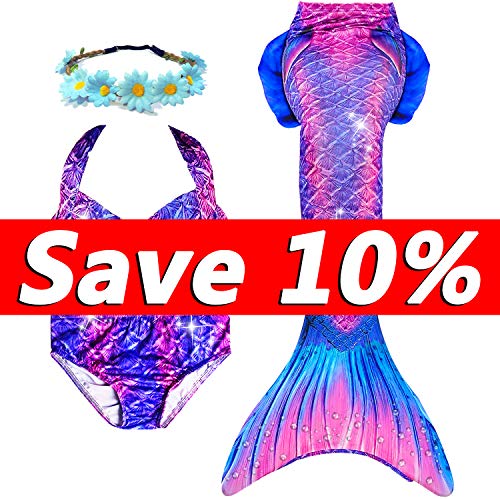 3 PCS Girls Mermaid Tail Swimsuit for Swimming Bikini Princess Can Add Monofin (A-Noble Purple, 10-12/ (Tag 150) / Ht:55-60in)