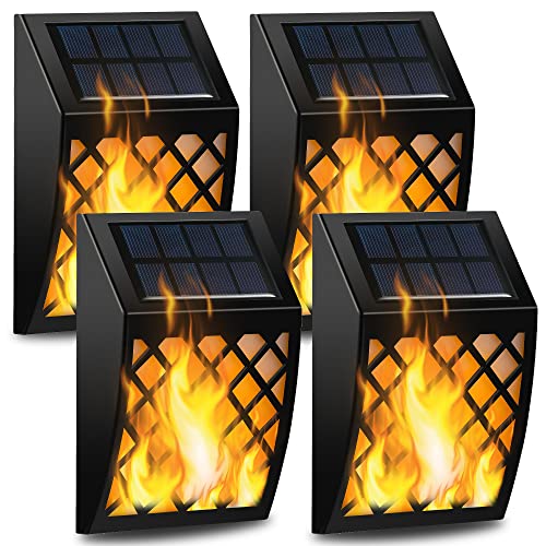 Dynaming Solar Flame Lights Outdoor, 4 Pack Solar Powered Wall Lights, Flickering Flame Auto On/Off Wall Mounted Fence Deck Light Lattice Decorative for Garage Garden Pathway Patio Porch Yard