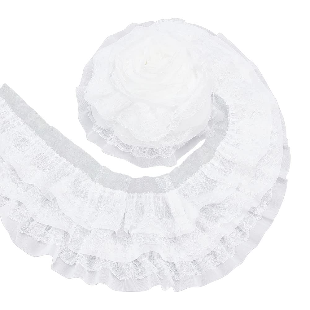 BENECREAT 2.73 Yards 3-Layer Ruffle Lace Pleated Trim, 5-1/8 inch(130mm) wide White Chiffon Flower Trim Gathered Ribbon for Wedding Applique Clothing Sewing Craft DIY Decor