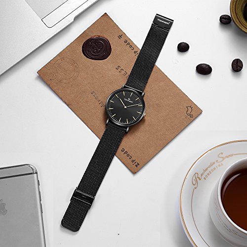 Tonnier Black Slim Stainless Steel Mesh Strap Mens Watch Quartz Watch for Men Golden Hands