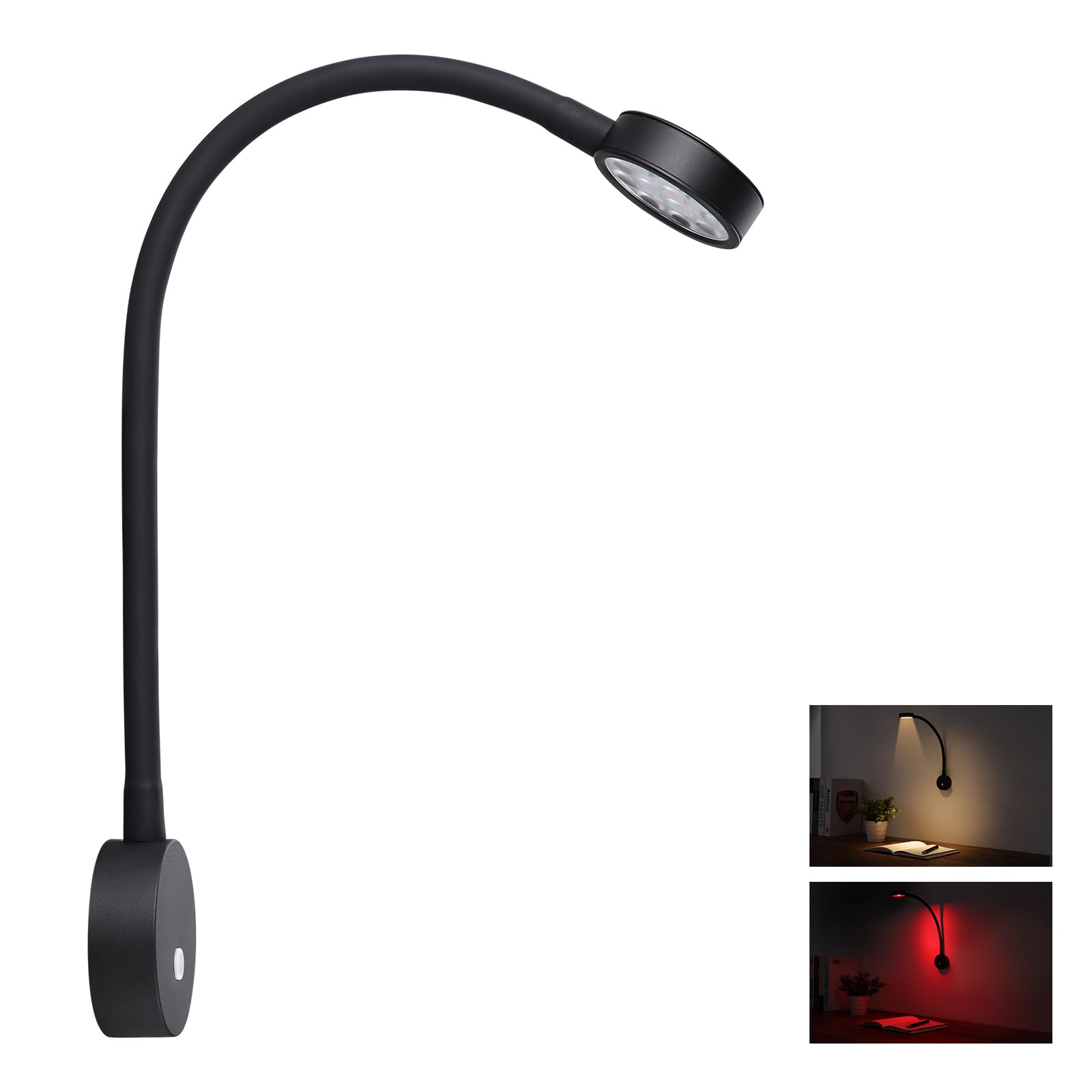 Obeaming LED Wall Reading Light Motorhome Flexible Spot with USB Charger&Red Night Light Full metal12V Bedside Reading Lamp for Caravan Camper Van Truck, Inbuilt Dimmer Switch DC12-24V Hard-Wired