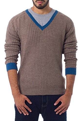 NOVICA Brown Knitted Alpaca Wool Blend V-Neck Sweater, Informal Brown'