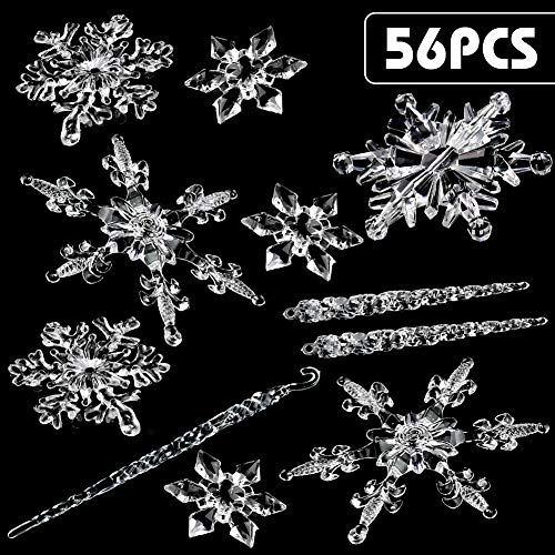 VGOODALL Christmas Snowflake Decorations, 56 PCS Icicles Ornaments Set Clear Snowflake Acrylic Christmas Ornaments for Christmas Tree Santa Outdoor Party Decoration Craft Projects