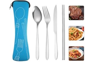 4-piece Cutlery Set, Rust-resistant Stainless Steel Utensils, Suitable for Travel, Camping, Picnics, Work, and Hiking (Blue)