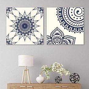 2 Panel Square Canvas Wall Art - Deep Blue Floral Pattern Patterns - Giclee Print Gallery Wrap Modern Home Art Ready to Hang - 12"x12" x 2 Panels