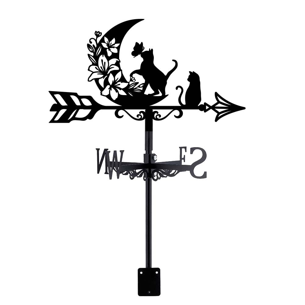 SUPERDANT Cat and Moon Weather Vane Cat Flowers Metal Weathervane Black Weathercock Garden Art Decor Roof Wind Vanes Decorative Wind Direction for Yard Farmhouse Sheds Patio Outdoor Decoration
