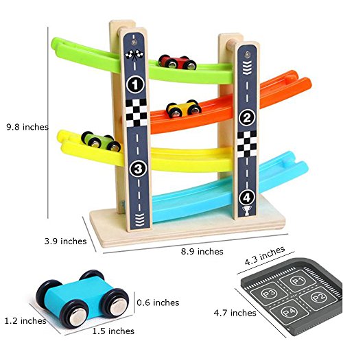 Joqutoys Wooden Ramp Race Car Track Parking Garage Set Kids Game Racing Kit Toys for Toddler with 4 Mini Racers